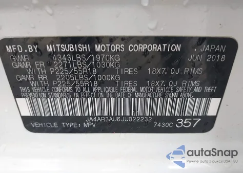 2018 Mitsubishi Outlander Sport 2.0 Es/2.0 Le из США, поврежденный, VIN JA4AR3AU6JU022232